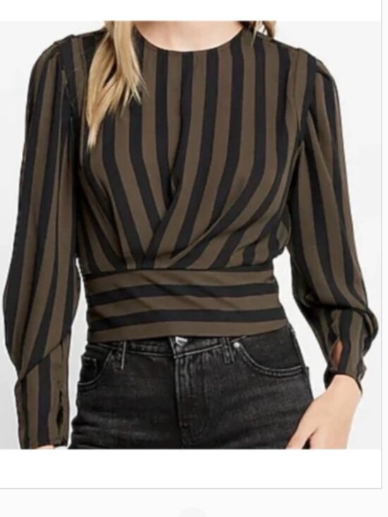 Express Tops - Express Women’s Size Medium Cropped Blouse Olive Green Black Stripes Puff Long
